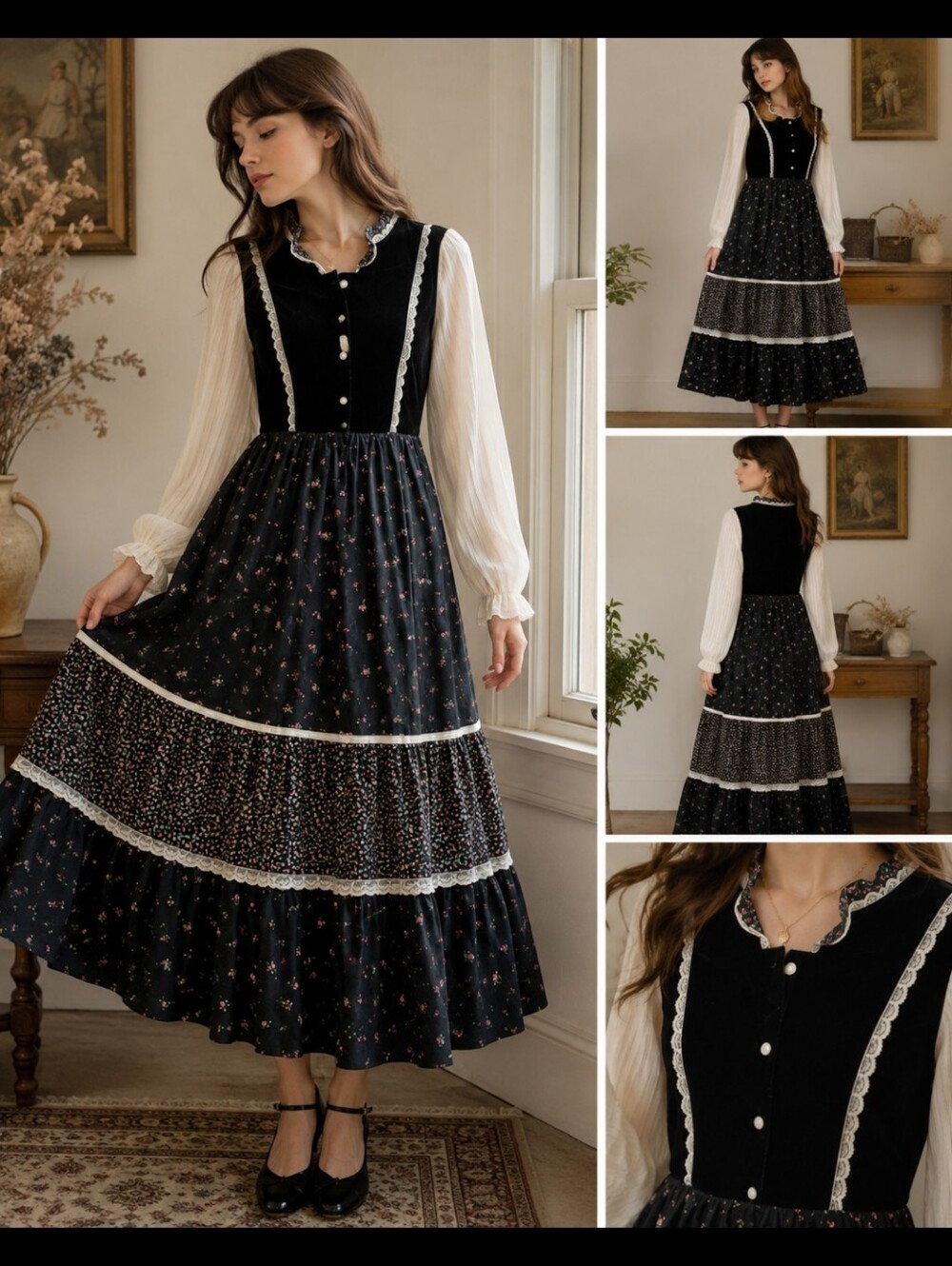Vintage 1970s Montgomery Ward Prairie Dress Black Floral Lace Tiered Maxi